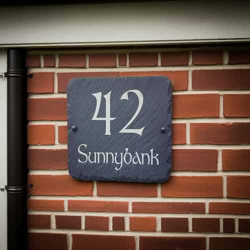 House number sign '42 Sunnybank' on a brick wall