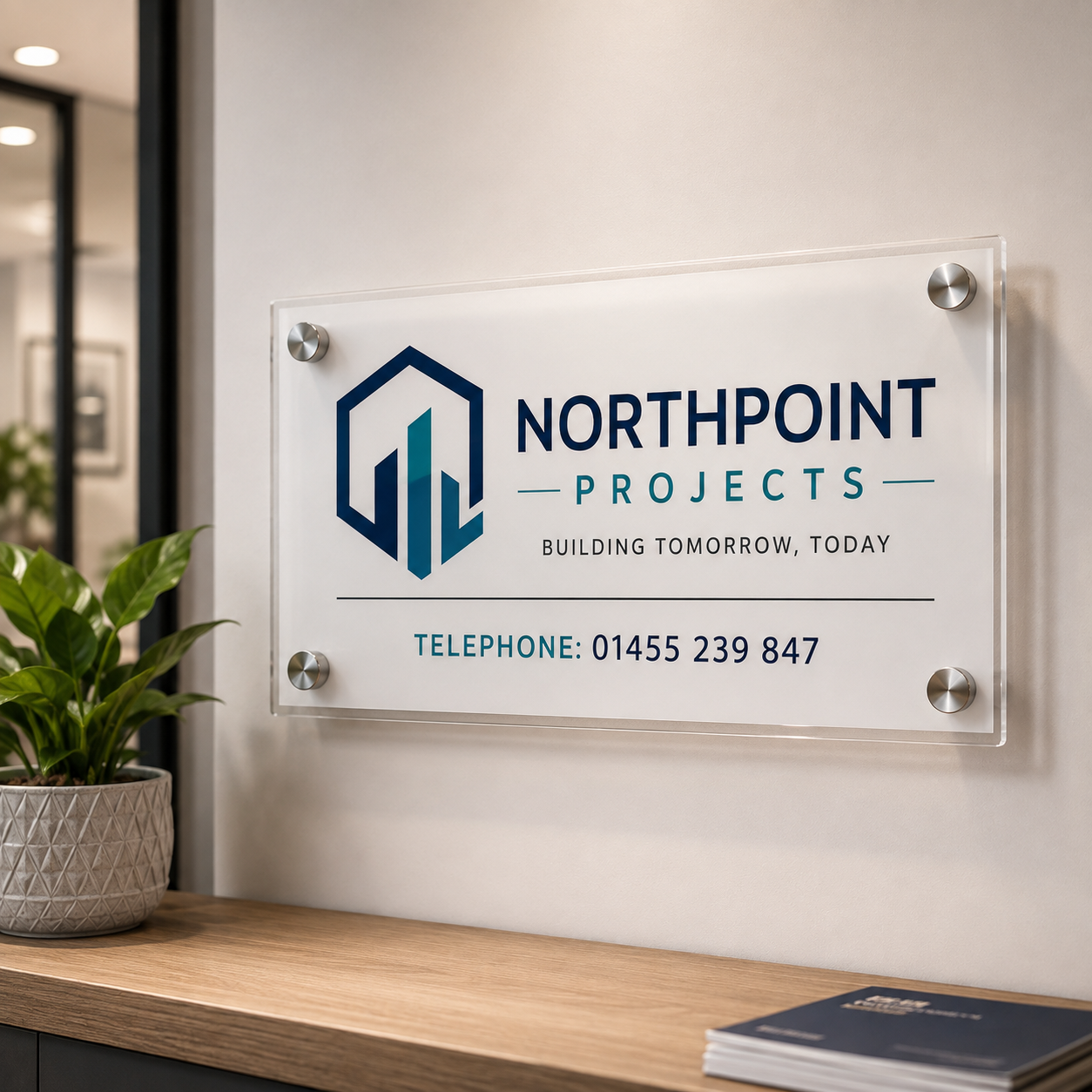 A clear acrylic sign with silver corner mounts displaying the Northpoint Projects logo and contact details, mounted on a light beige wall above a wooden desk with a potted plant nearby.