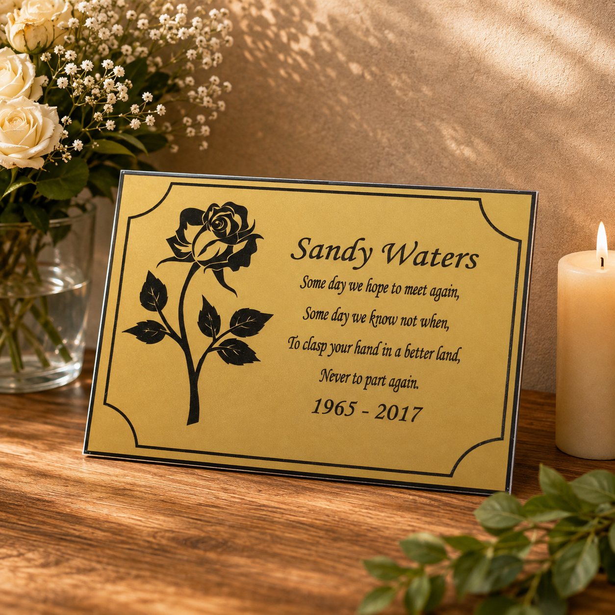 A personalized gold memorial plaque with a black rose engraving and the text 'Sandy Waters' with a remembrance poem and dates '1965 - 2017', displayed on a wooden surface with a lit candle and white roses in the background.
