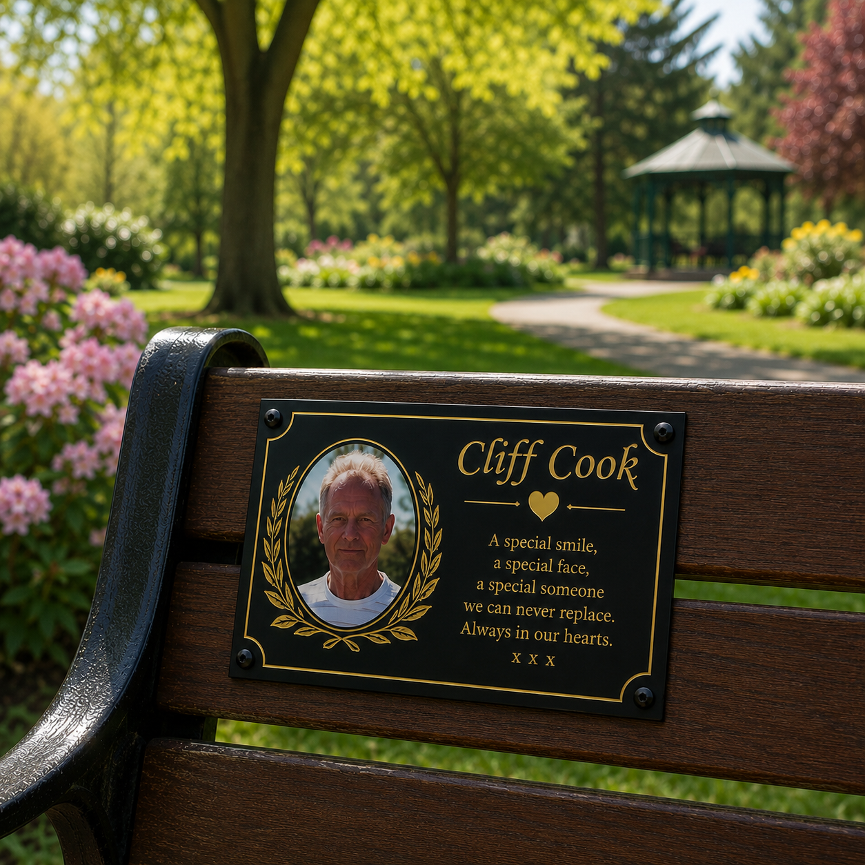 Personalised memorial plaque with name dates and remembrance wording for memorial bench wall cross or grave marker