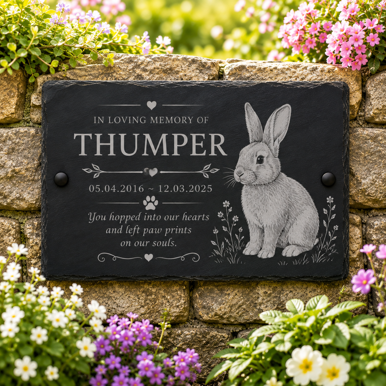 Personalized black slate memorial garden plaque mounted on a stone wall, featuring engraved text reading 'In Loving Memory of Thumper' with dates, a paw print, and a detailed rabbit illustration, surrounded by green foliage and pink and white flowers.