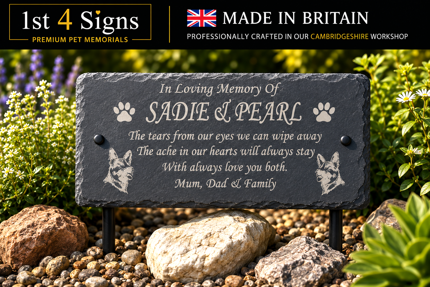 Personalised natural slate pet memorial plaque with animal design, custom pet name, dates and memorial wording