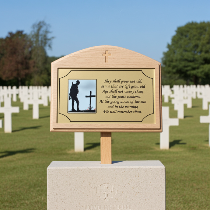 Memorial plaque with text and silhouette of a soldier in a cemetery