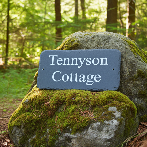 Slate sign reading 'Tennyson Cottage' on a moss-covered rock in a forest.