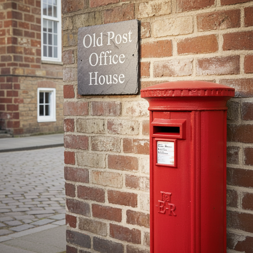 Red post box on a brick wall with 'Old Post Office House' sign