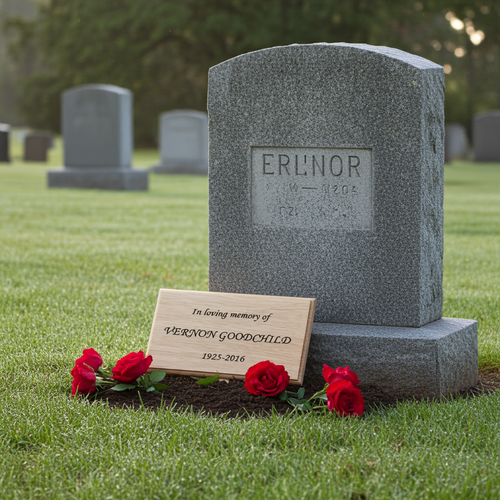 Graveyard scene with a headstone, plaque, and red roses.