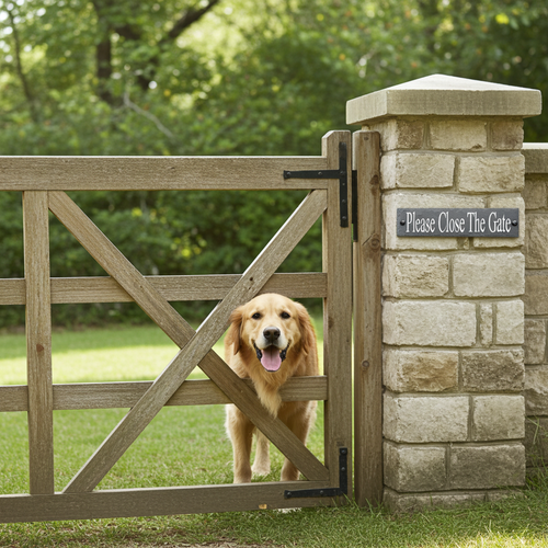 Dog standing behind a wooden gate with a stone pillar and 'Please Close The Gate' sign.
