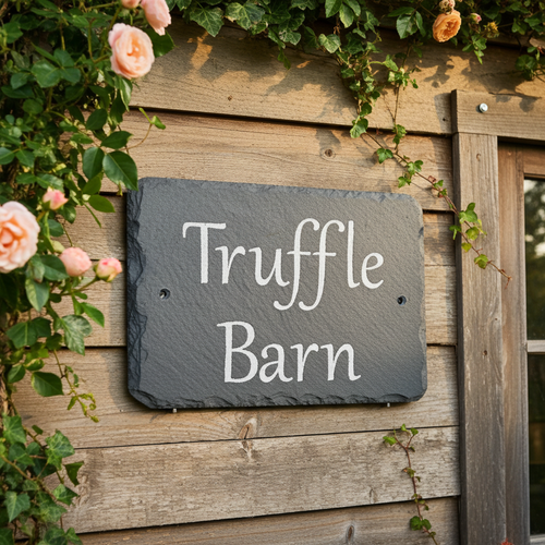 Slate sign with 'Truffle Barn' on a wooden wall with floral decorations