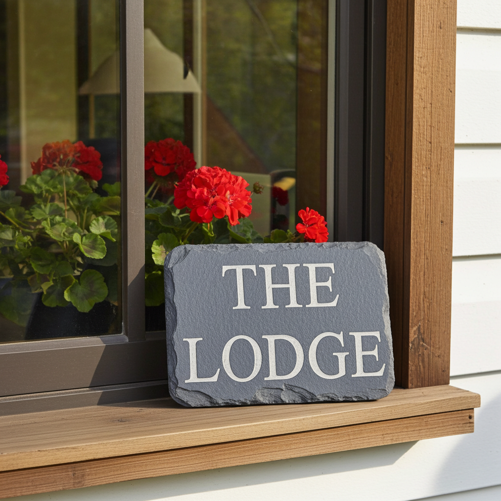 A rectangular slate sign with the words 'THE LODGE' in white serif lettering, displayed on a wooden windowsill next to red flowers in front of a window.