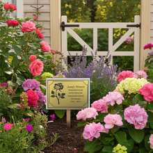 Garden scene with colorful flowers and a sign in the center.