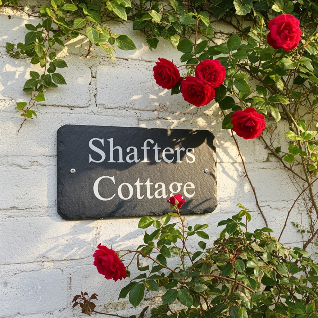 A rectangular dark slate sign reading 'Cottage' in white serif lettering, mounted on a white brick wall and framed by climbing green leaves and red roses.