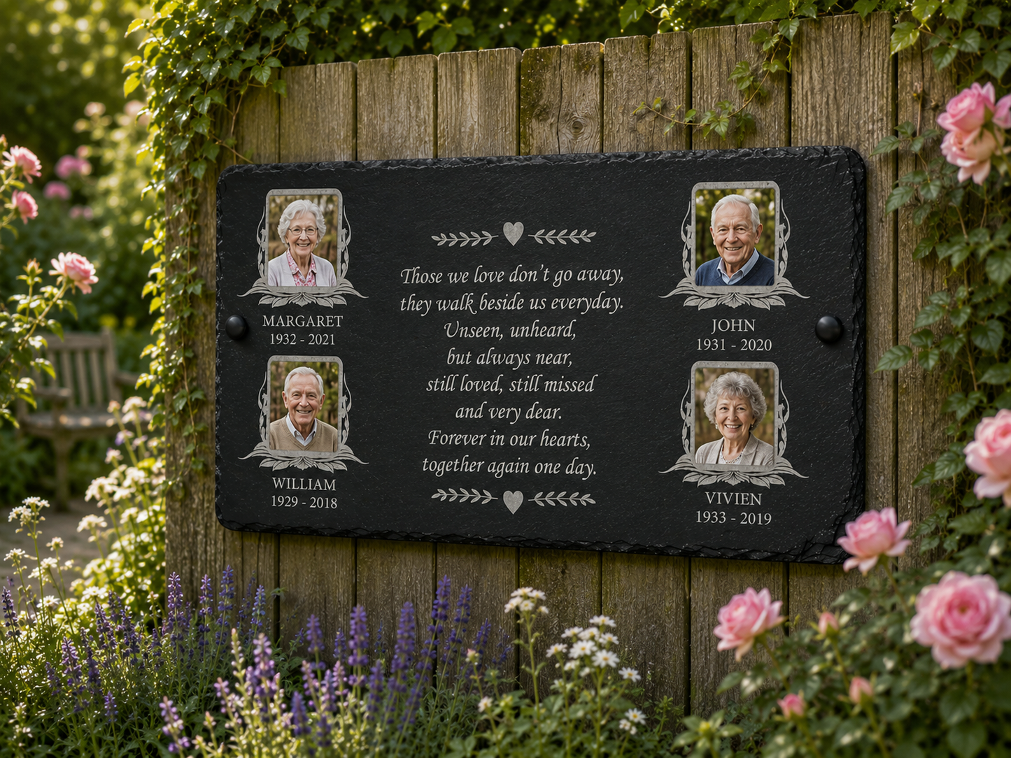 Personalized black slate memorial garden plaque mounted on a wooden fence, surrounded by green ivy and pink roses. The plaque features engraved photos of four individuals with their names and years of life and death, plus a central memorial poem.