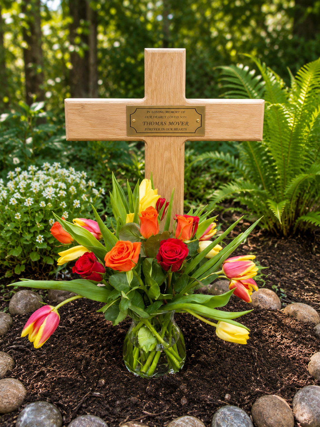Personalised oak wooden memorial cross with photo memorial plaque displayed in a peaceful garden setting.