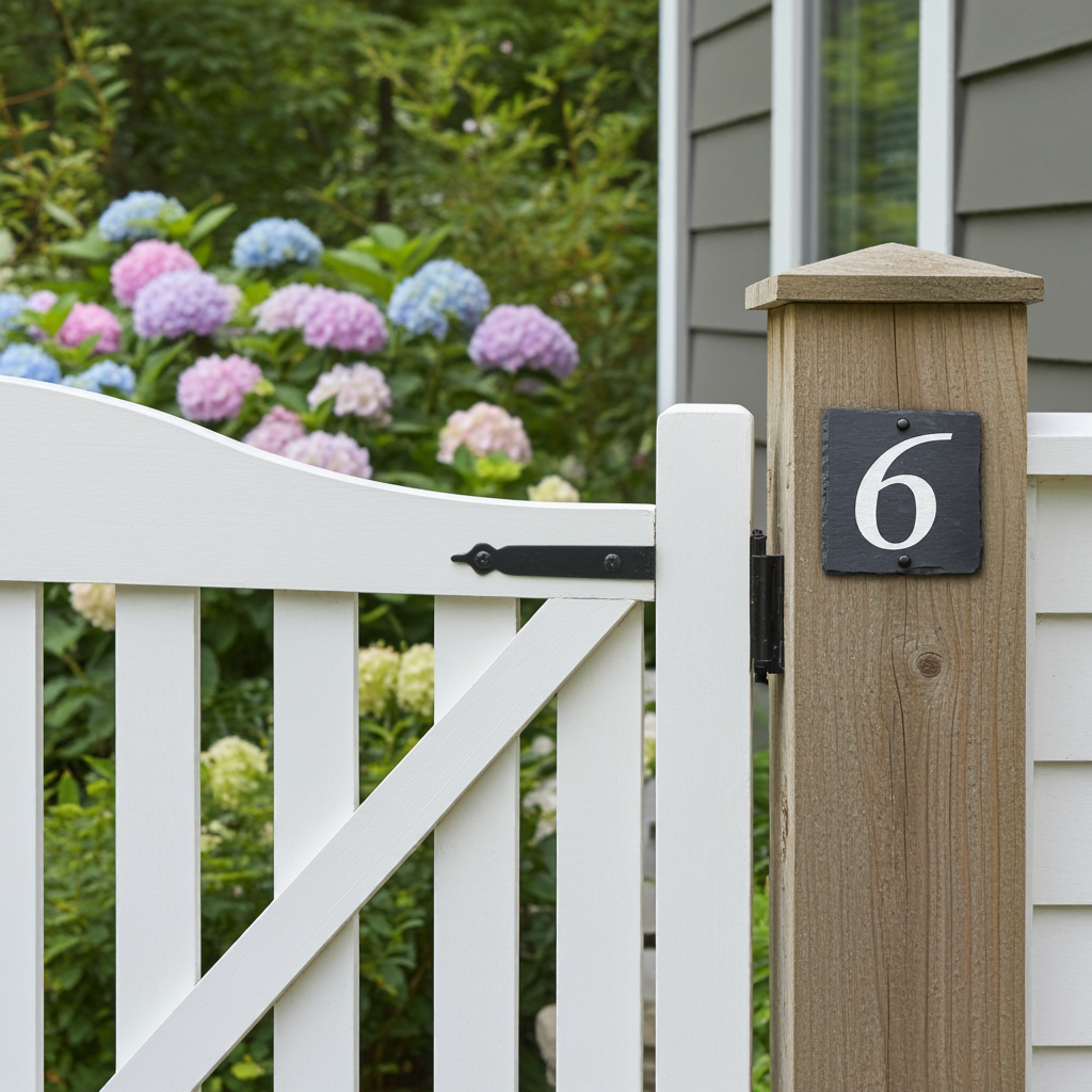 A white wooden fence gate with a diagonal brace and a black metal house number 6 plaque on a natural wood post, set against a garden background with hydrangeas and a house exterior.