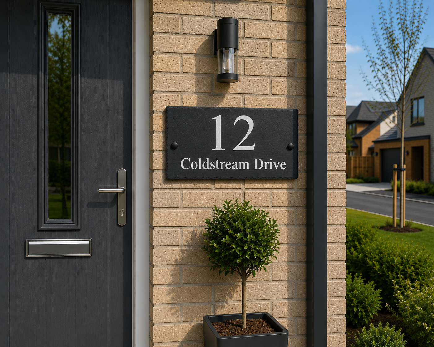 A modern black house number sign reading '12 Coldstream Drive' mounted on a beige brick wall next to a dark gray front door and a small potted topiary tree.