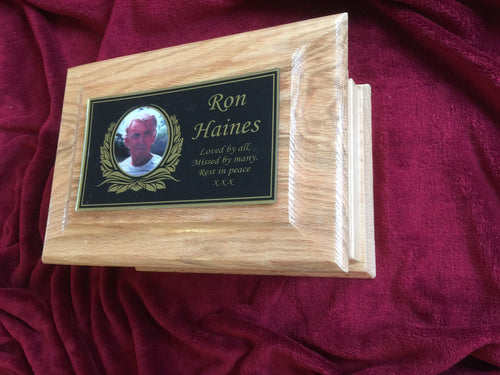 Funeral Urn for Ashes, Adult Casket with Memorial Plaque.