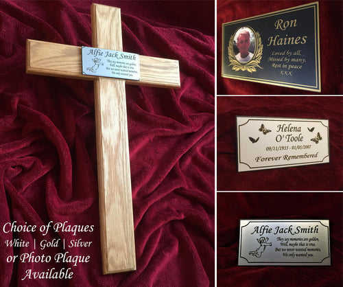 Wooden Memorial Cross Solid Oak Grave Marker & Personalised Photo Plaque