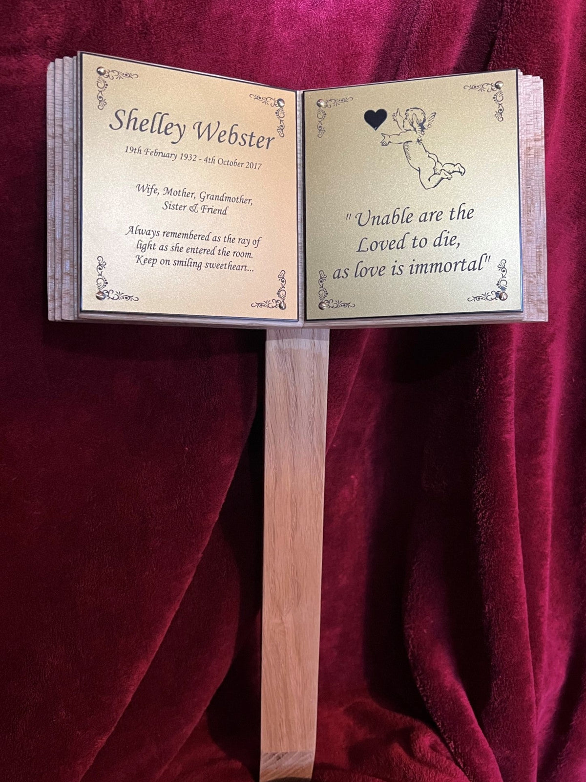 Open Book Memorial. Oak Wood Grave Marker. Two people, double photo plaques.