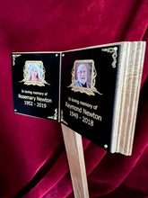 Open Book Memorial. Oak Wood Grave Marker. Two people, double photo plaques.