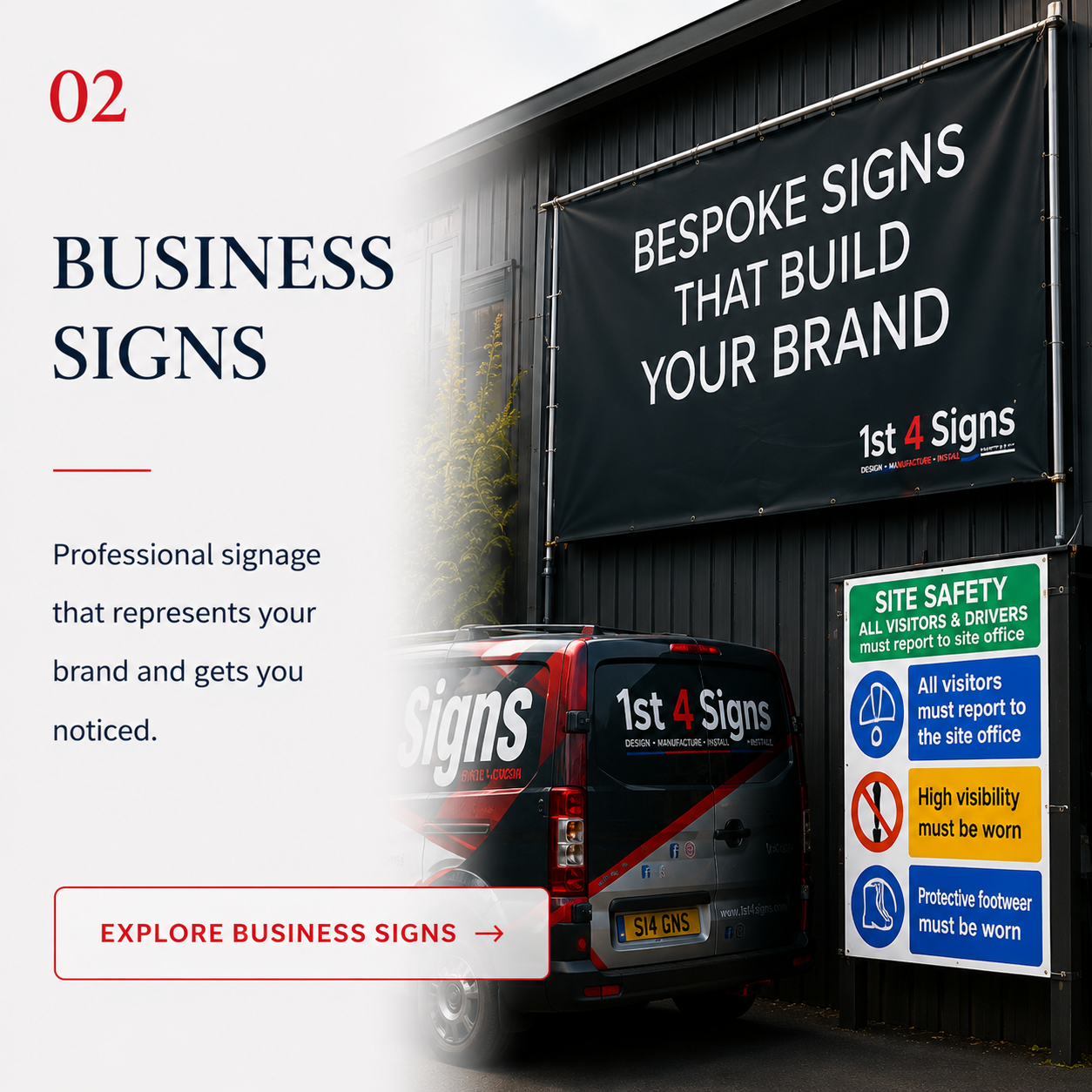 Explore professional business signs by 1st 4 Signs including banners, vehicle graphics, health and safety signs, shop signs, commercial signage and branding solutions.