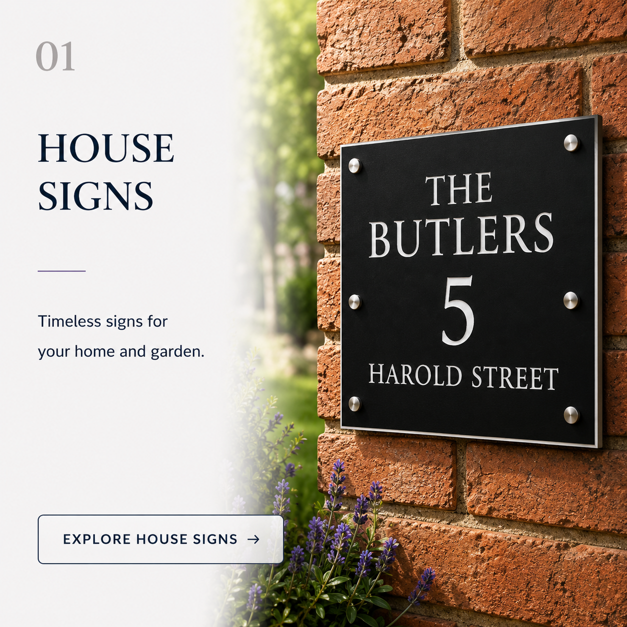 Premium personalised house signs by 1st 4 Signs featuring a modern black aluminium address plaque with brushed aluminium frame and stainless steel stand-off fixings, custom made in Britain for homes and businesses.