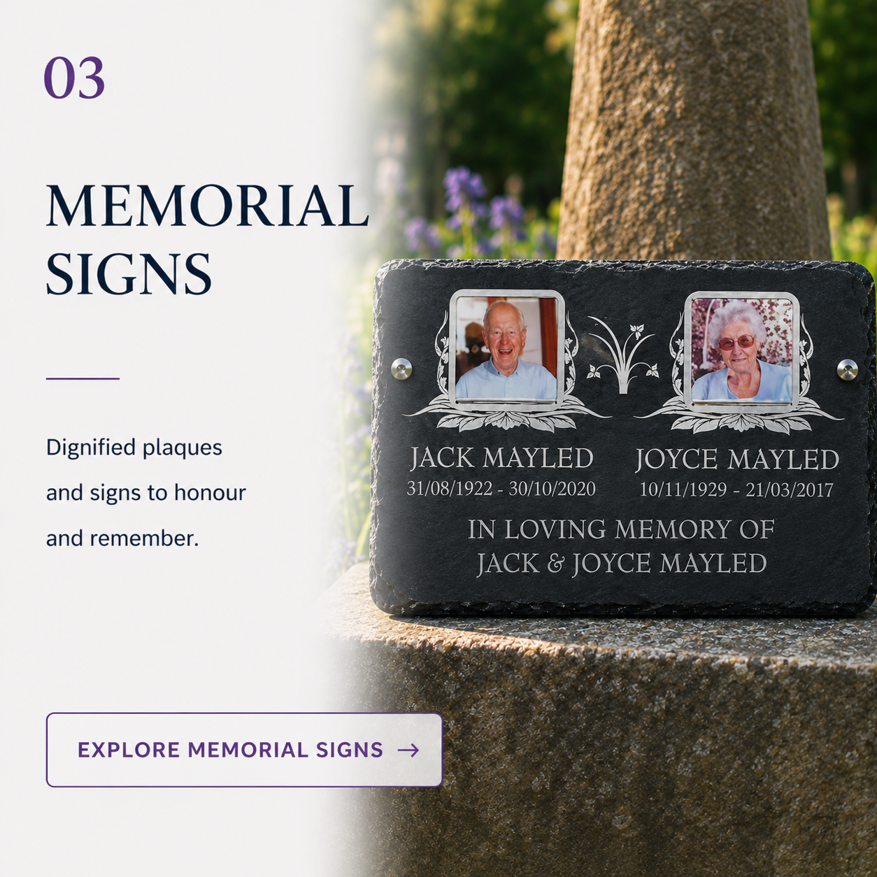 Personalised memorial signs and memorial plaques by 1st 4 Signs featuring a premium engraved slate remembrance plaque with photographs, custom made in Britain for gardens, cemeteries and places of remembrance.