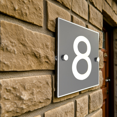 House number '8' on a stone wall