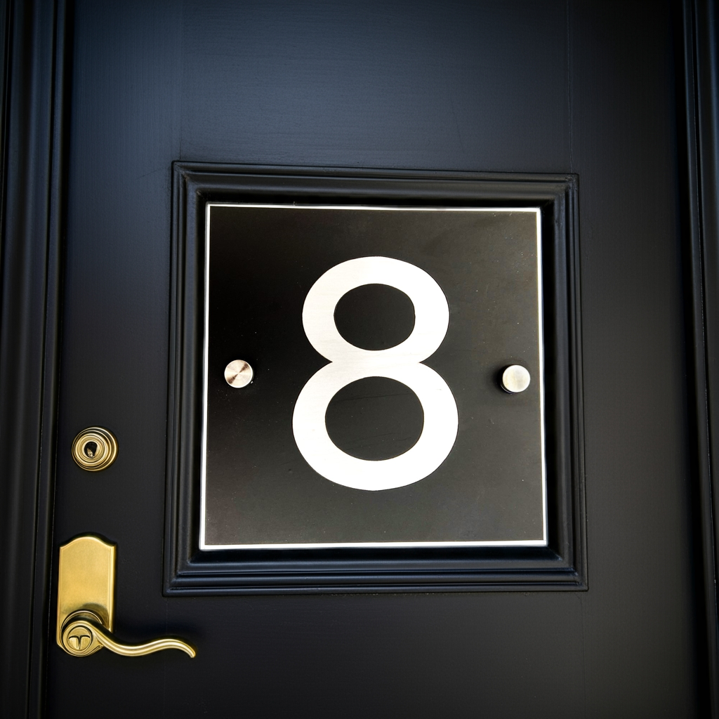 Black door with gold handle and white number 8