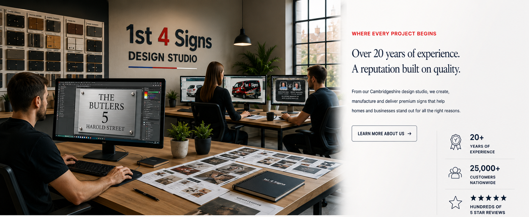 Promotional banner for 1st 4 Signs Design Studio, showing three designers working at their desks in a modern office environment with computer monitors and printed catalogs, alongside text highlighting over 20 years of experience and customer satisfaction.