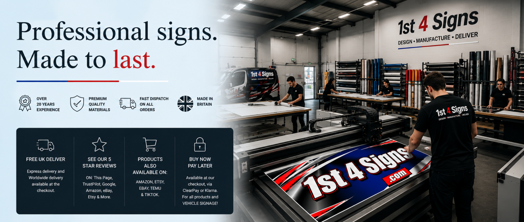 A promotional banner for 1st 4 Signs advertising professional custom vehicle wraps. The left side features a dark blue background with white and red text reading 'Professional signs.