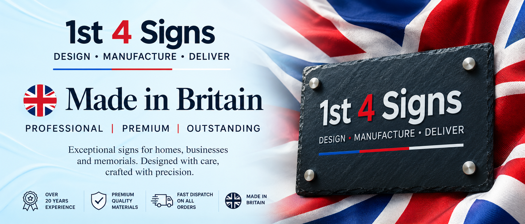 Promotional graphic for 1st 4 Signs custom sign printing, featuring a black slate sign sample on a Union Jack background with text reading '1st 4 Signs', 'Made in Britain', and service icons along the bottom.