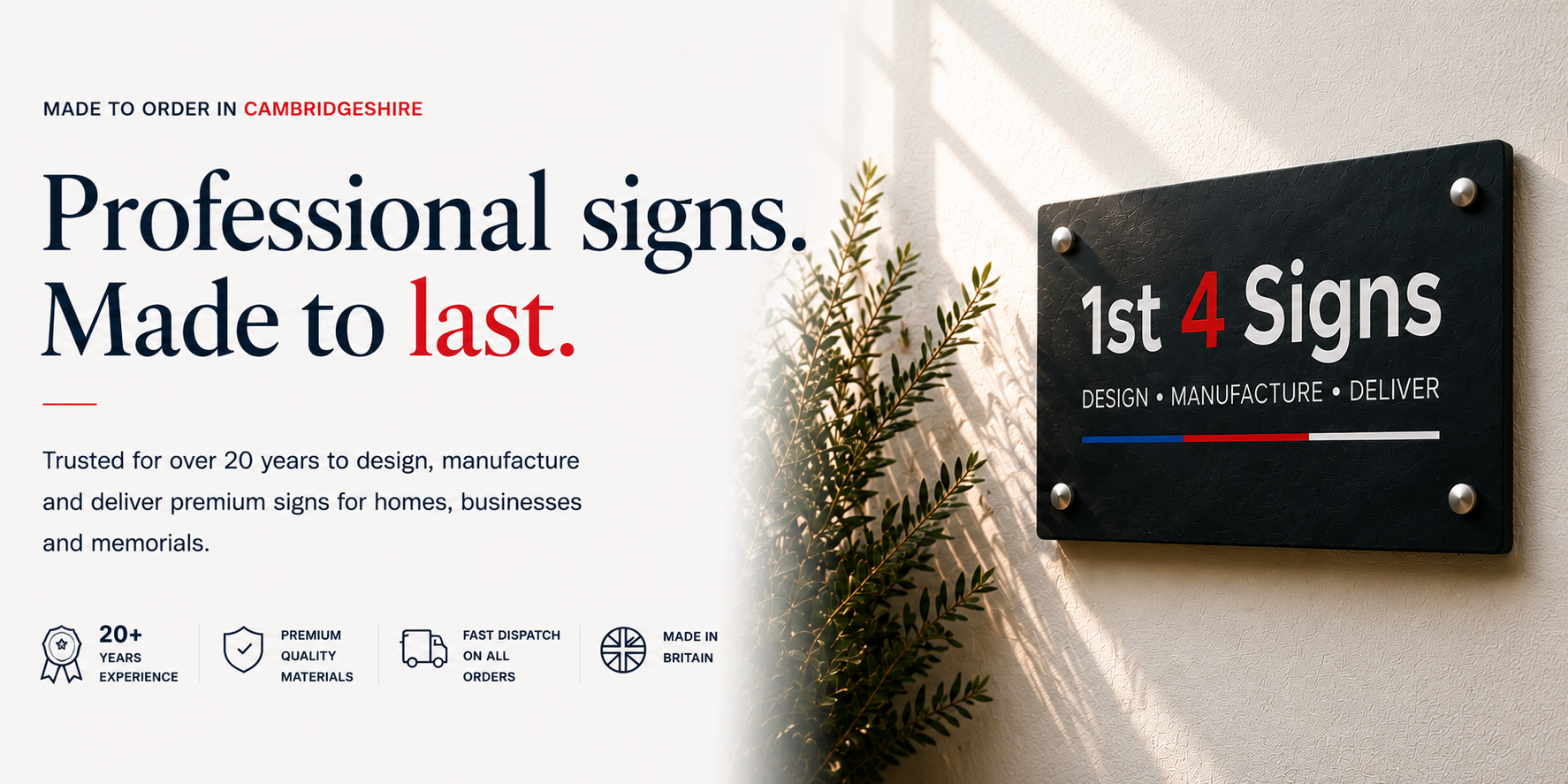Promotional graphic for 1st 4 Signs custom wall signs, featuring a black rectangular sign with white lettering on the right, alongside marketing text on the left and a decorative pine branch in the center.