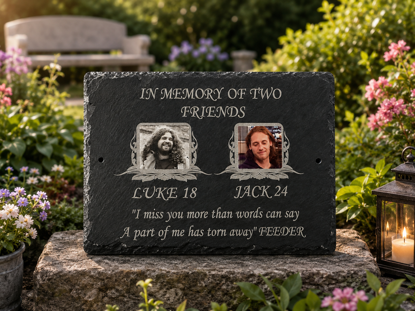 Personalised two photo memorial plaque and natural slate grave marker with two colour photographs, laser etched names, dates and remembrance wording