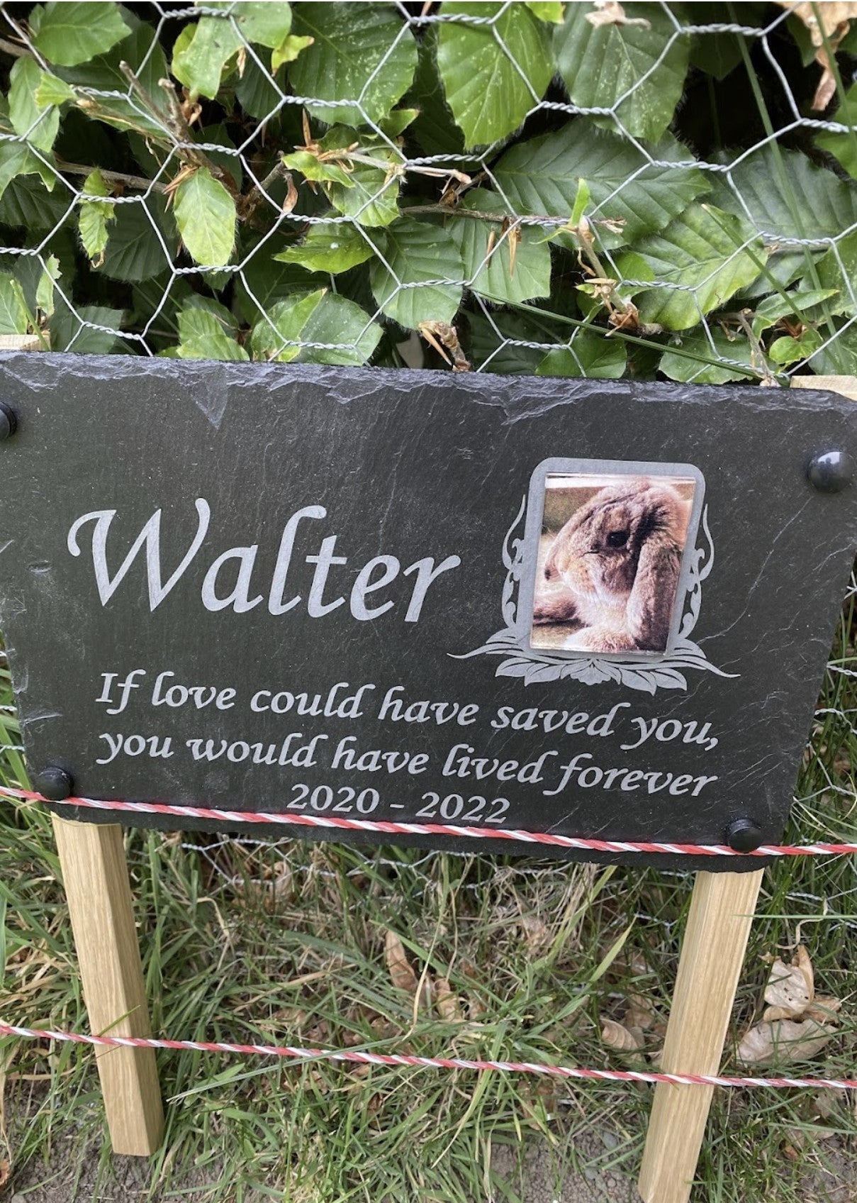 Pet Slate Pet Photo Memorial Grave Marker Plaque with Double Oak Stakes 