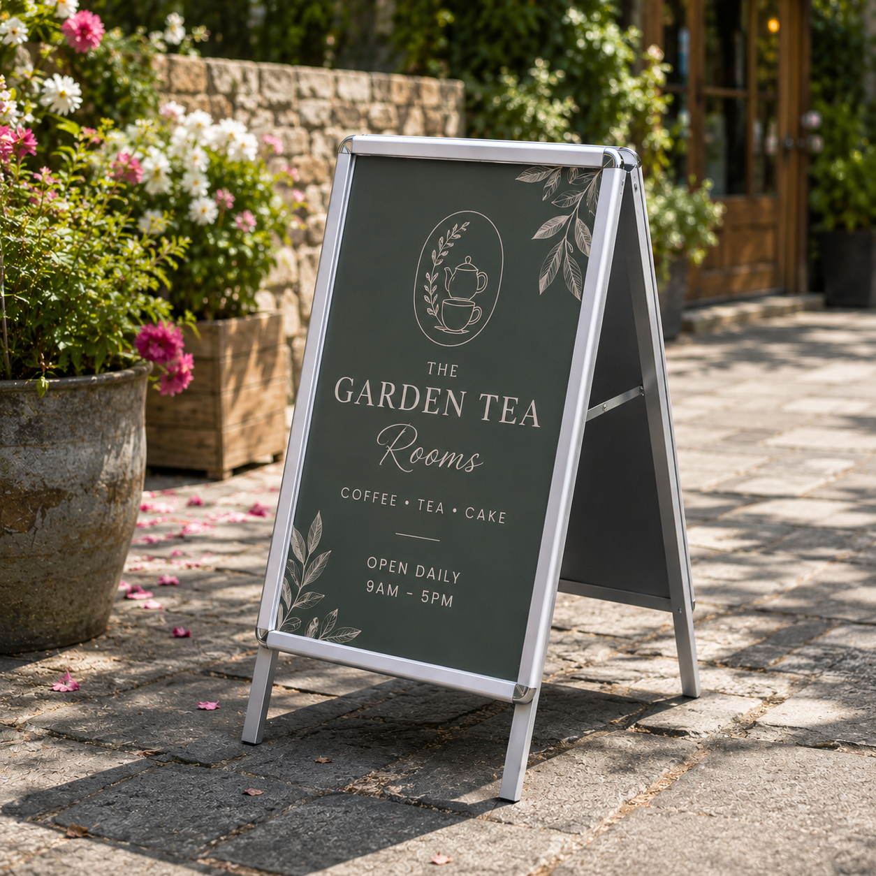 A freestanding A-frame sidewalk sign with a dark green chalkboard-style panel and silver metal frame, placed outdoors on a stone walkway beside potted flowers and greenery. The sign reads “The Garden Tea Rooms,” with decorative leaf illustrations and text for coffee, tea, and cake.