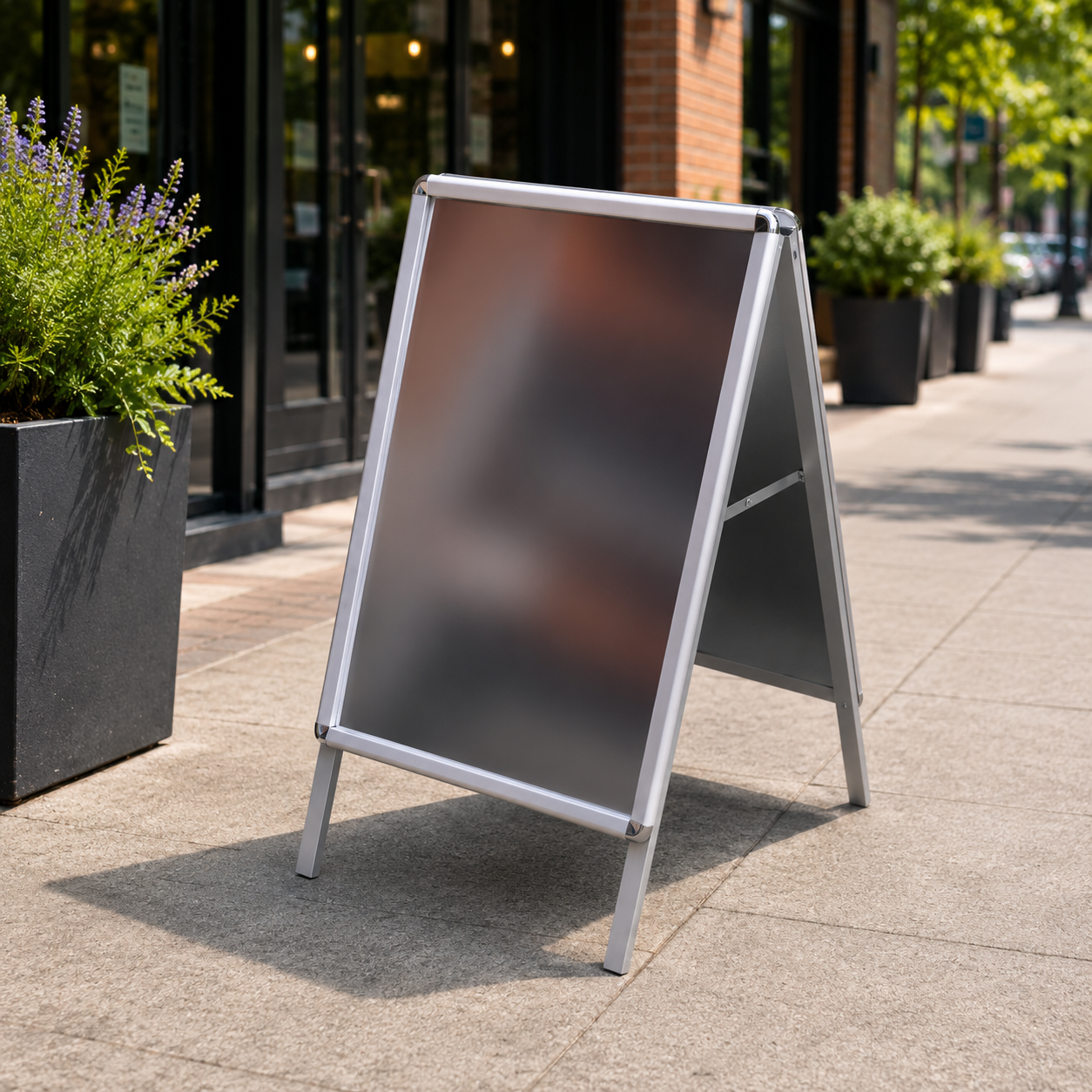 A silver aluminum A-frame sidewalk sign with a blank dark panel, standing on a paved outdoor storefront sidewalk.