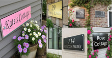 Collage of various house signs with names and numbers