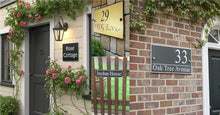 House exterior with various house signs and decorative elements.