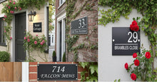 Collage of house number signs on different buildings with flowers and decorative elements.