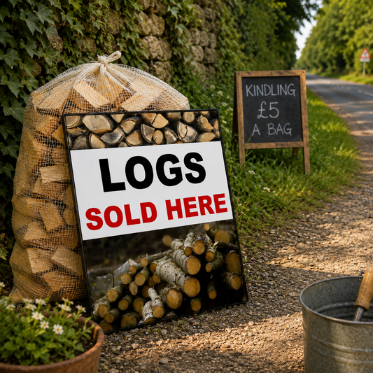 A large mesh bag filled with cut firewood logs stands beside a gravel roadside, with a sign reading 'LOGS SOLD HERE' in front. Further down the road, a small chalkboard sign says 'KINDLING £5 A BAG'.