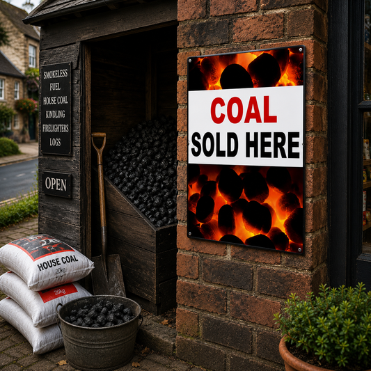 A rectangular metal sign with a white center and fiery red, orange, and black coal-burner graphics, reading 'COAL SOLD HERE' in red and black text, mounted on a brick wall beside a storefront filled with charcoal bags and loose coals.