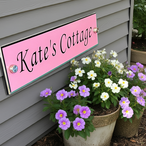 Pink sign with 'Kate's Cottage' text in front of a house exterior with potted flowers.