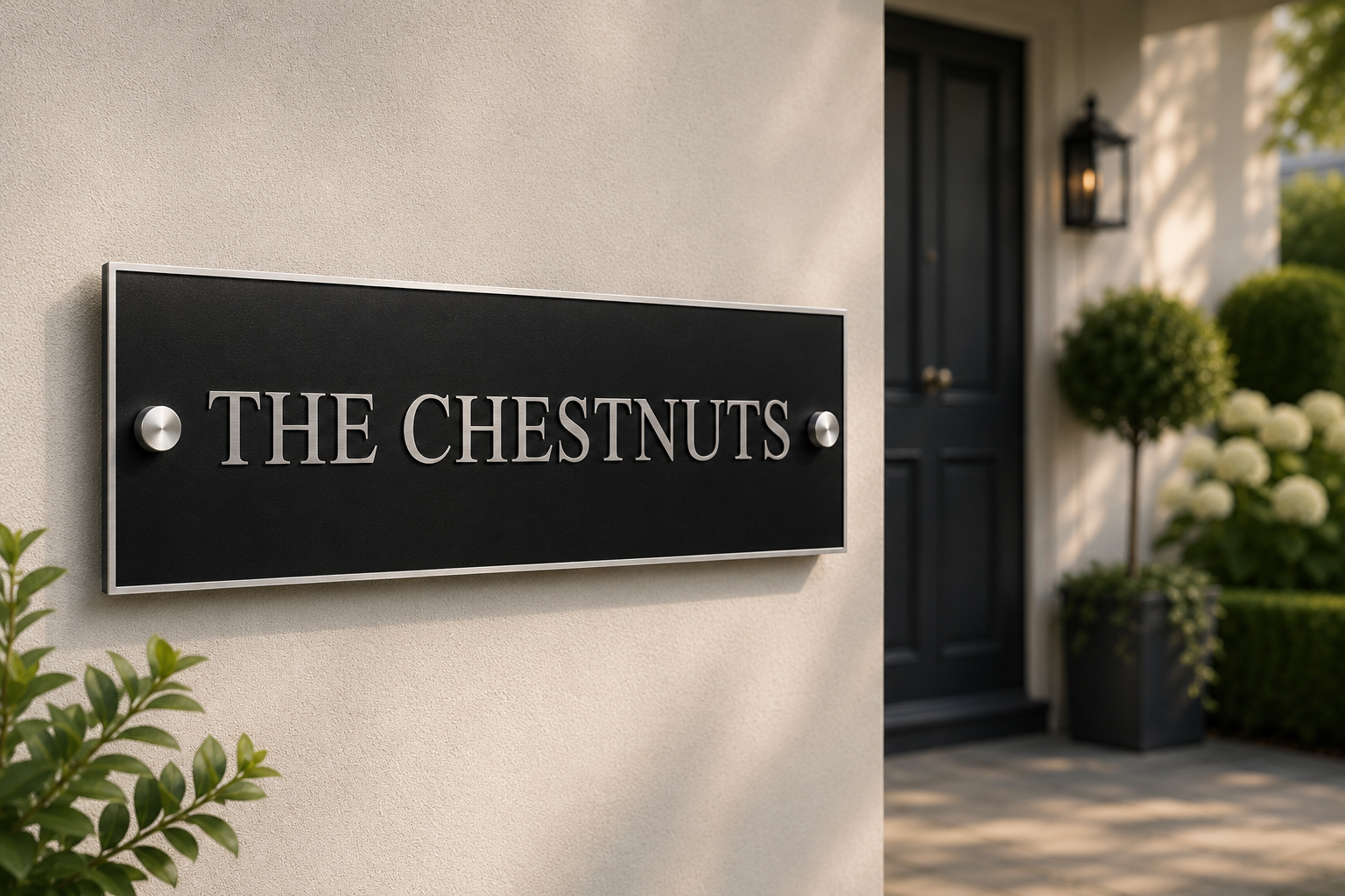 A rectangular black metal house sign with silver lettering reading 'THE CHESTNUTS' mounted on a beige stucco wall, with a blurred front door and garden visible in the background.