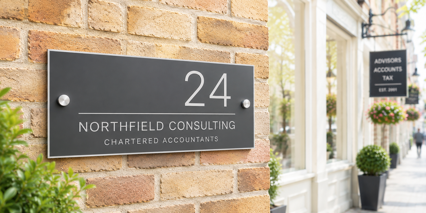 A rectangular black metal house number sign for Northfield Consulting Chartered Accountants, mounted on a warm brown brick wall. The sign features the number '24' in large white font, with 'NORTHFIELD CONSULTING' and 'CHARTERED ACCOUNTANTS' in smaller white text below, secured by two silver round studs.