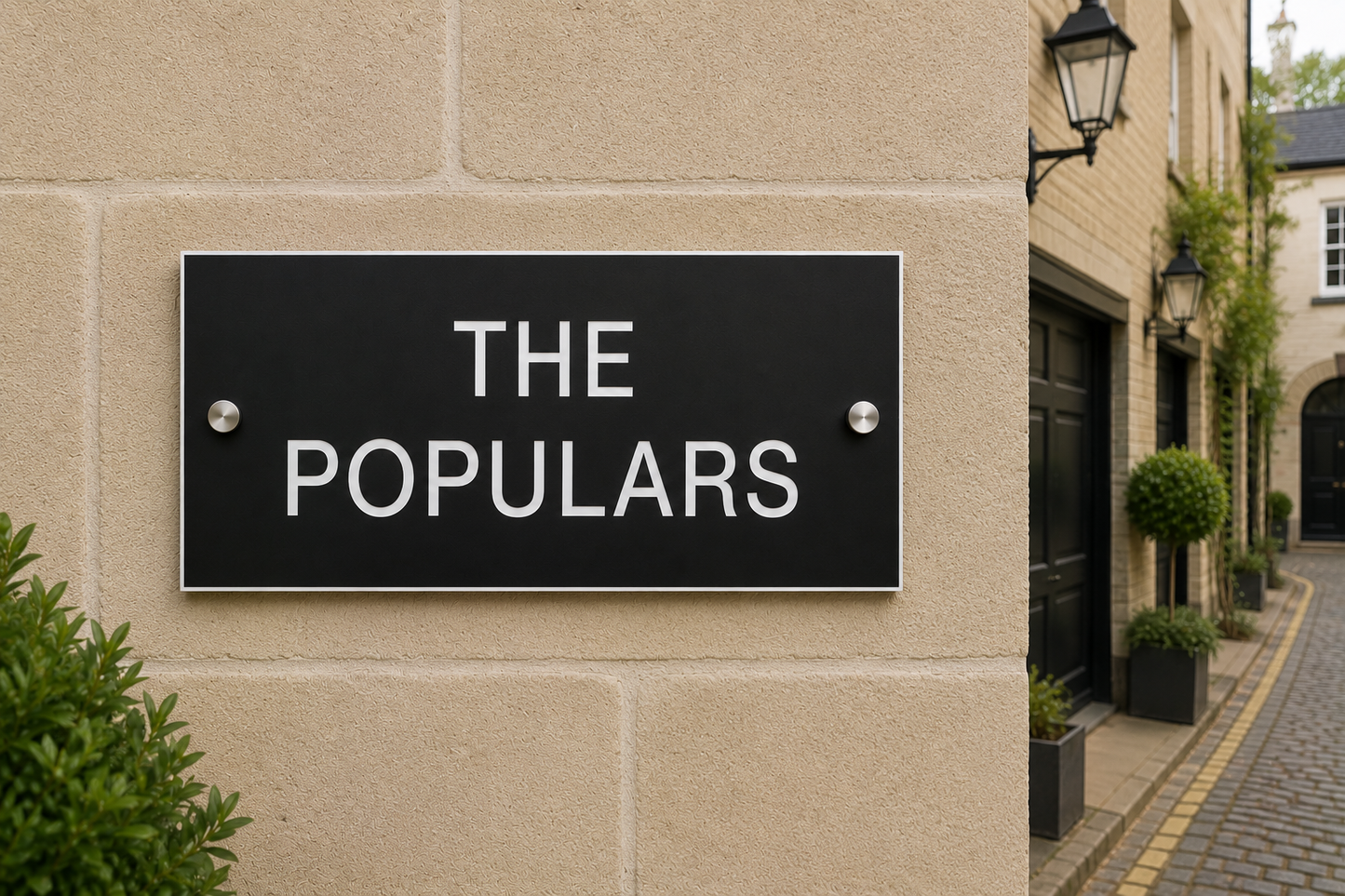 A black rectangular wall sign with silver metal screws and white text reading 'THE POPULARS', mounted on a beige stone building exterior next to a cobblestone street with potted plants.