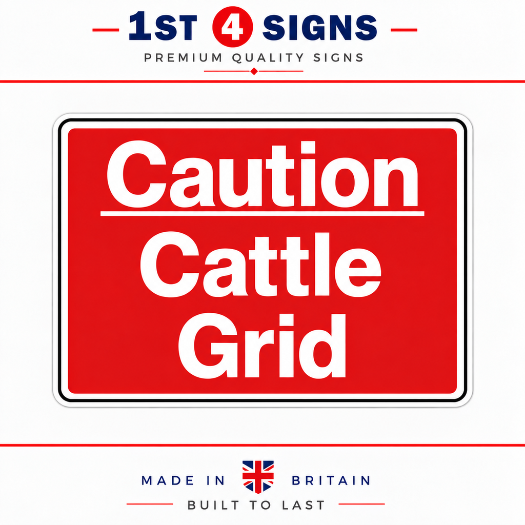 A rectangular red warning sign with white text reading 'Caution Cattle Grid' on a white background. Above and below the sign, the brand text '1st 4 Signs' and 'Made in Britain Built to Last' is printed.
