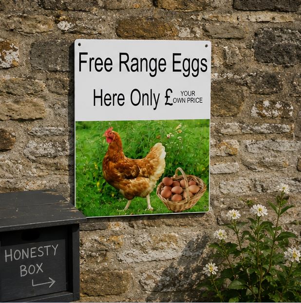 A rectangular promotional sign for free-range eggs mounted on a stone wall. The sign has a white top section with black text reading 'Free Range Eggs' and 'Here Only £ Your Own Price', plus a lower photo of a brown hen standing in green grass next to a basket of eggs.
