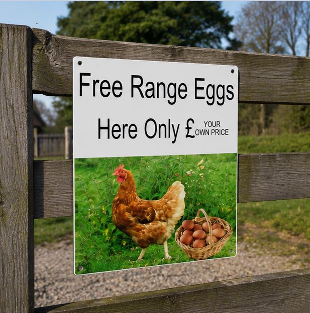 Free Range Eggs for Sale roadside sign with custom price area, chicken and eggs image, mounted outside a farm shop or smallholding.