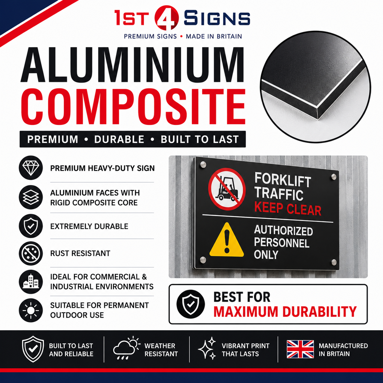 Promotional graphic for 1st4Signs Aluminium Composite signs, featuring a sample black metal sign on a silver panel with safety symbols and text including 'FORKLIFT TRAFFIC KEEP CLEAR' and 'AUTHORIZED PERSONNEL ONLY'. The layout includes feature callouts, a circular inset showing the corner profile, and branding at the top.