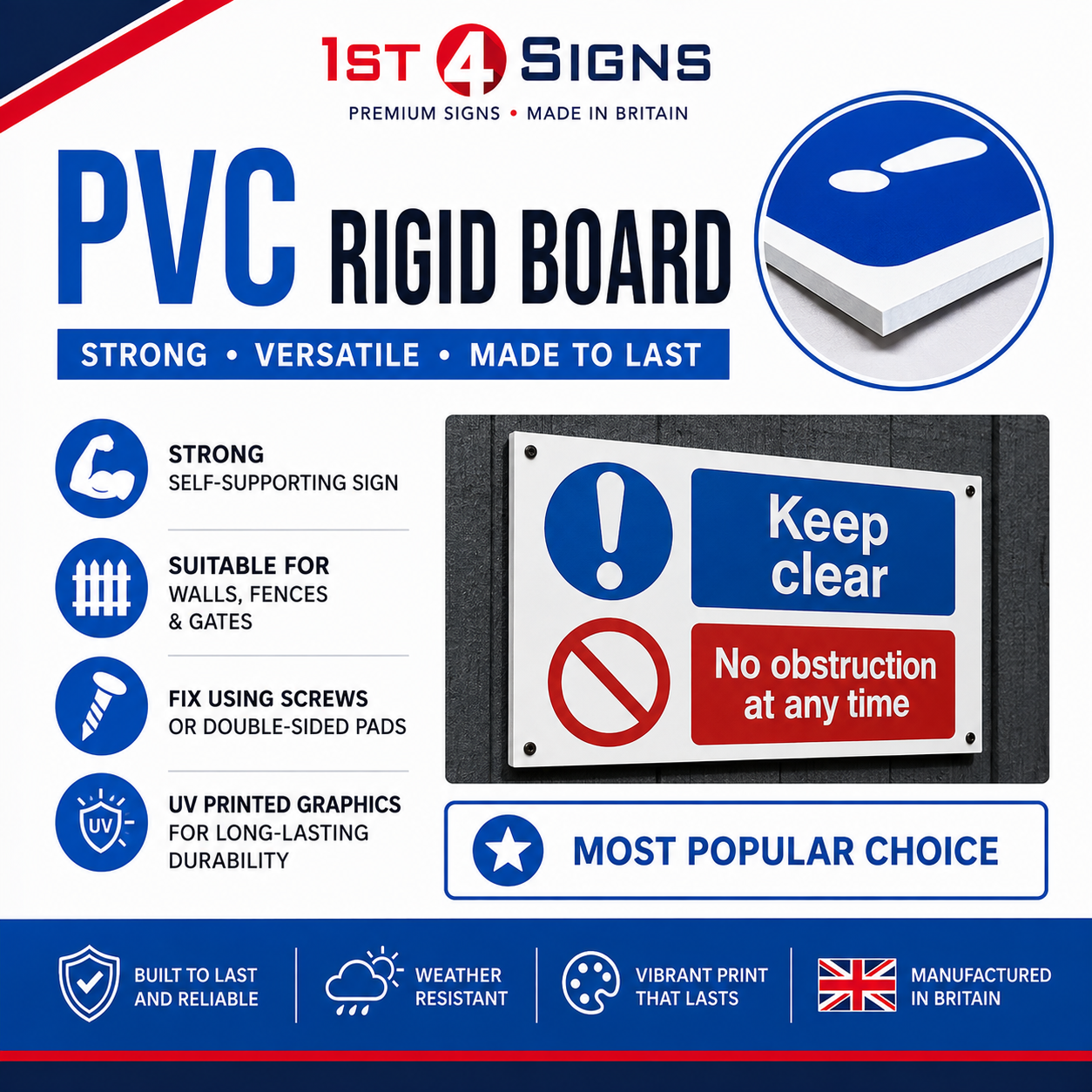 A promotional graphic for 1st 4 Signs PVC Rigid Board signs, showing a sample white sign with blue and red printed graphics on a dark gray board. The graphic includes product features, icons, and branding on a white background with blue and red accents.